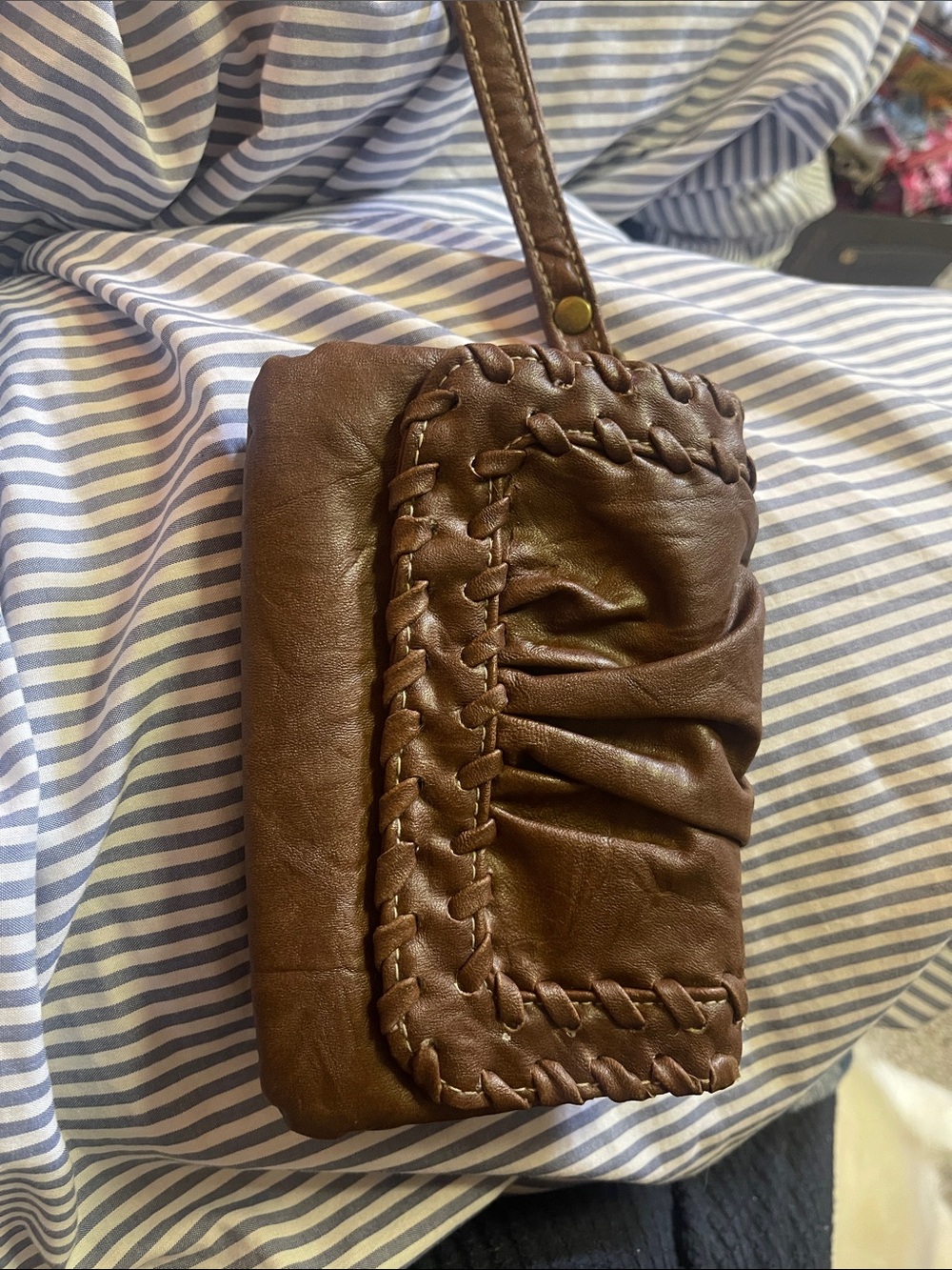Brown Leather Wristlet Clutch with Braided Trim